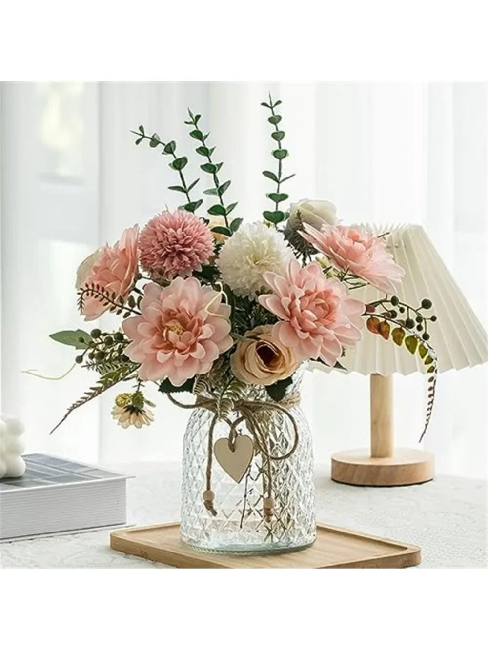 Artificial Flowers With Vase Pink Silk Roses Hydrangea Dahlia Table Centerpiece